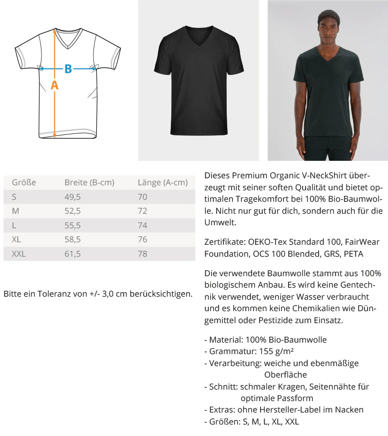 Organic Herren V-Neck T-Shirt "WORK HARD PLAY HARD" Measurement
