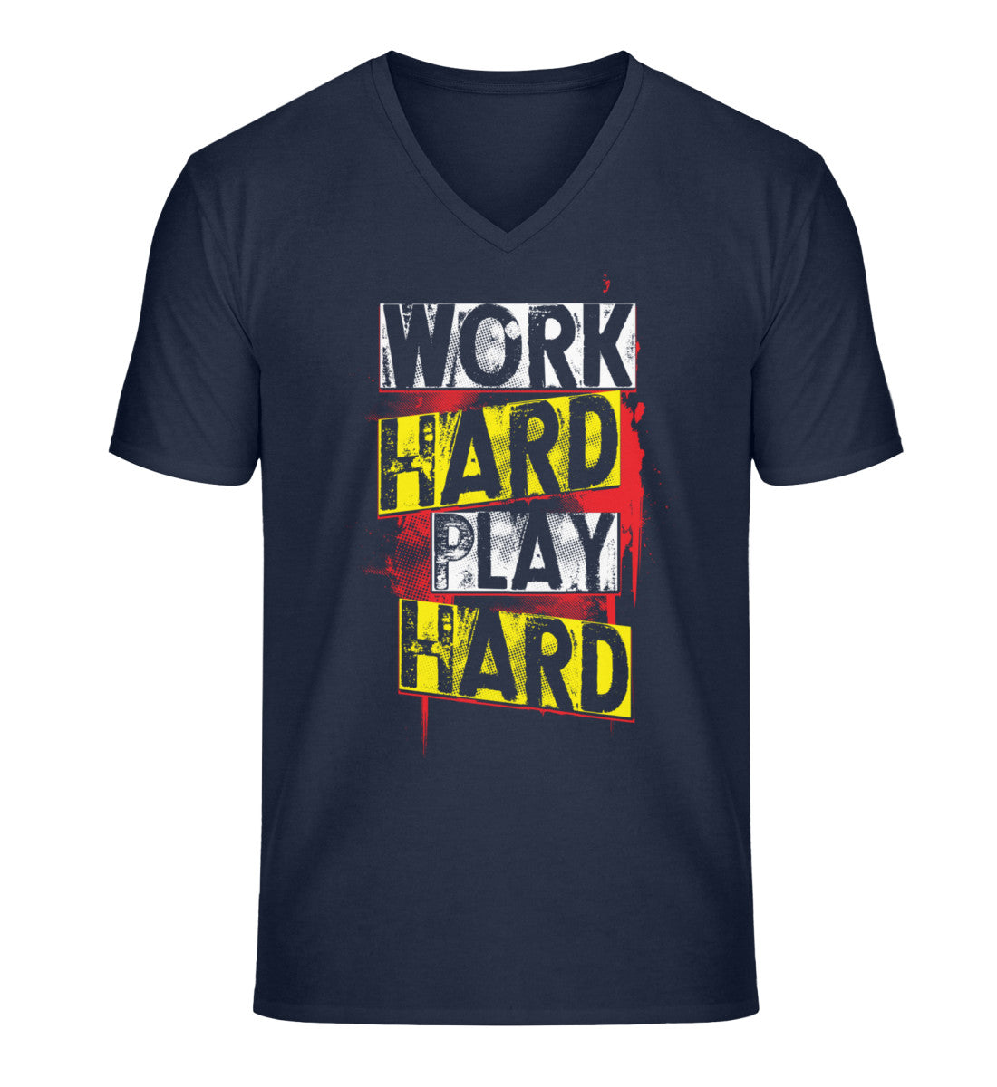 Organic Herren V-Neck T-Shirt "WORK HARD PLAY HARD" French Navy
