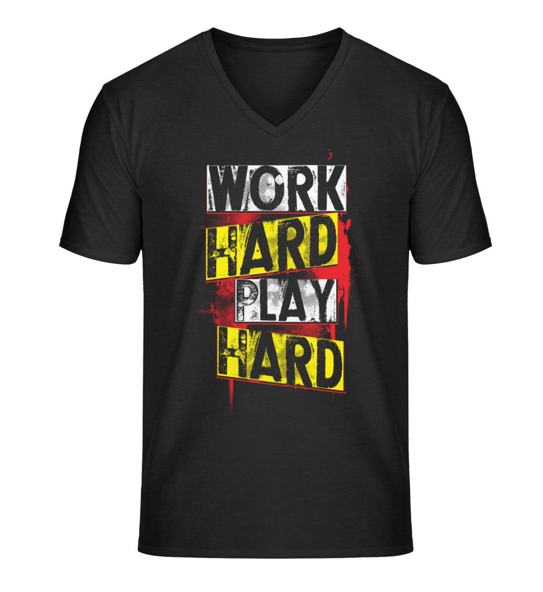 Organic Herren V-Neck T-Shirt "WORK HARD PLAY HARD" Schwarz
