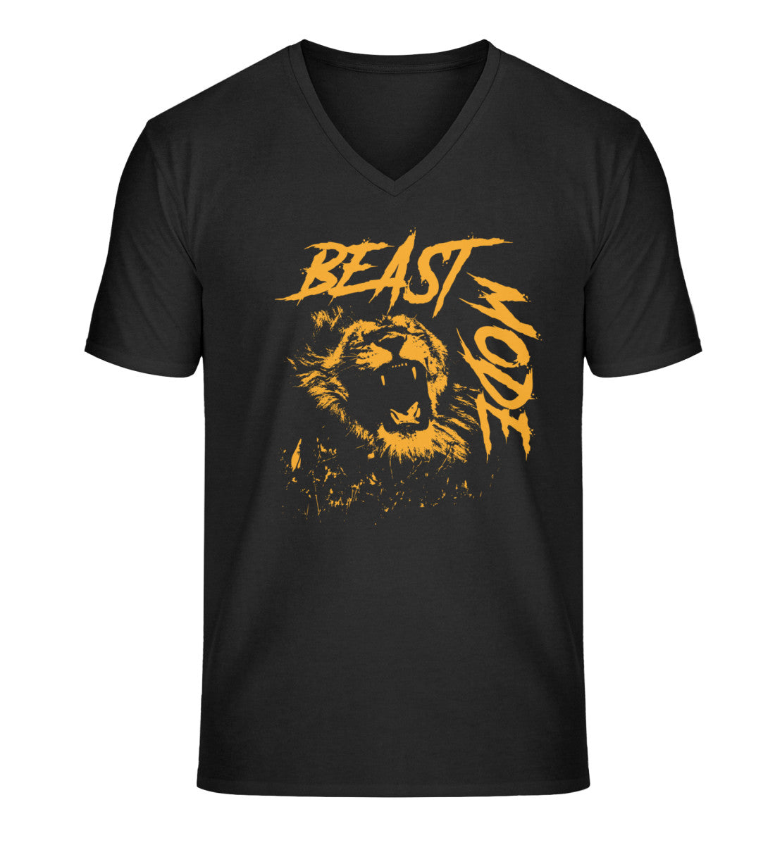 Organic Herren V-Neck T-Shirt "BEAST MODE - LION" Schwarz