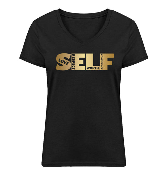 Organic V-Neck Damen T-Shirt "SELF..." Schwarz