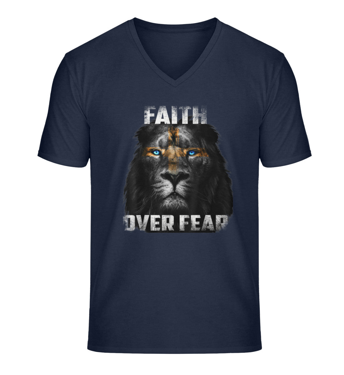 Organic Herren V-Neck T-Shirt "FAITH OVER FEAR" French Navy