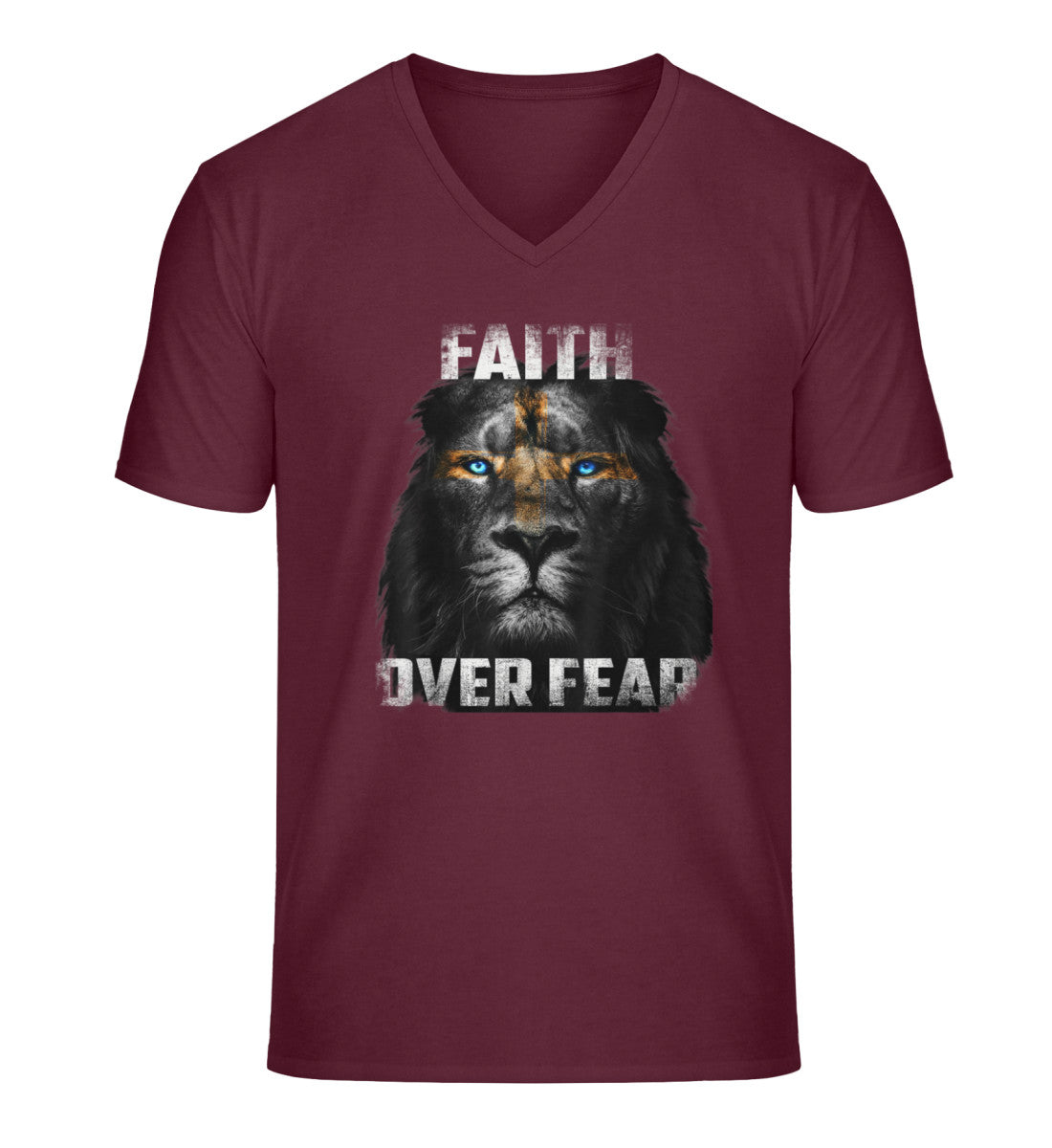 Organic Herren V-Neck T-Shirt "FAITH OVER FEAR" Burgundy