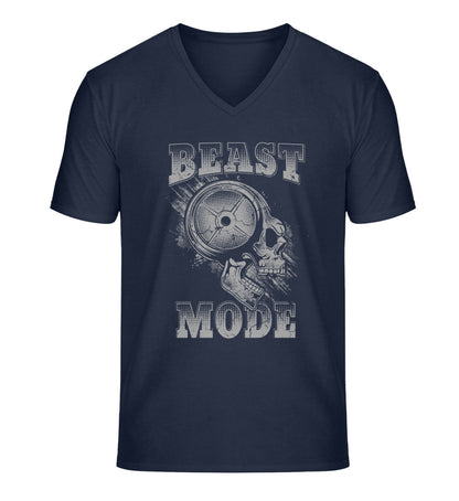 Organic Herren V-Neck T-Shirt "BEAST MODE - SKULL" French Navy