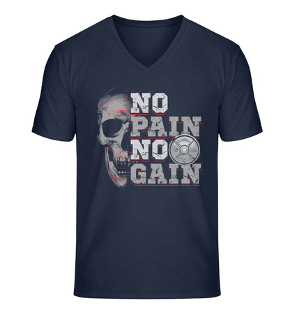 Organic Herren V-Neck T-Shirt "NO PAIN NO GAIN" French Navy