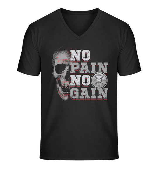 Organic Herren V-Neck T-Shirt "NO PAIN NO GAIN" Schwarz