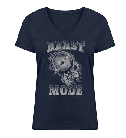 Organic Damen V-Neck T-Shirt "BEAST MODE - SKULL" French Navy