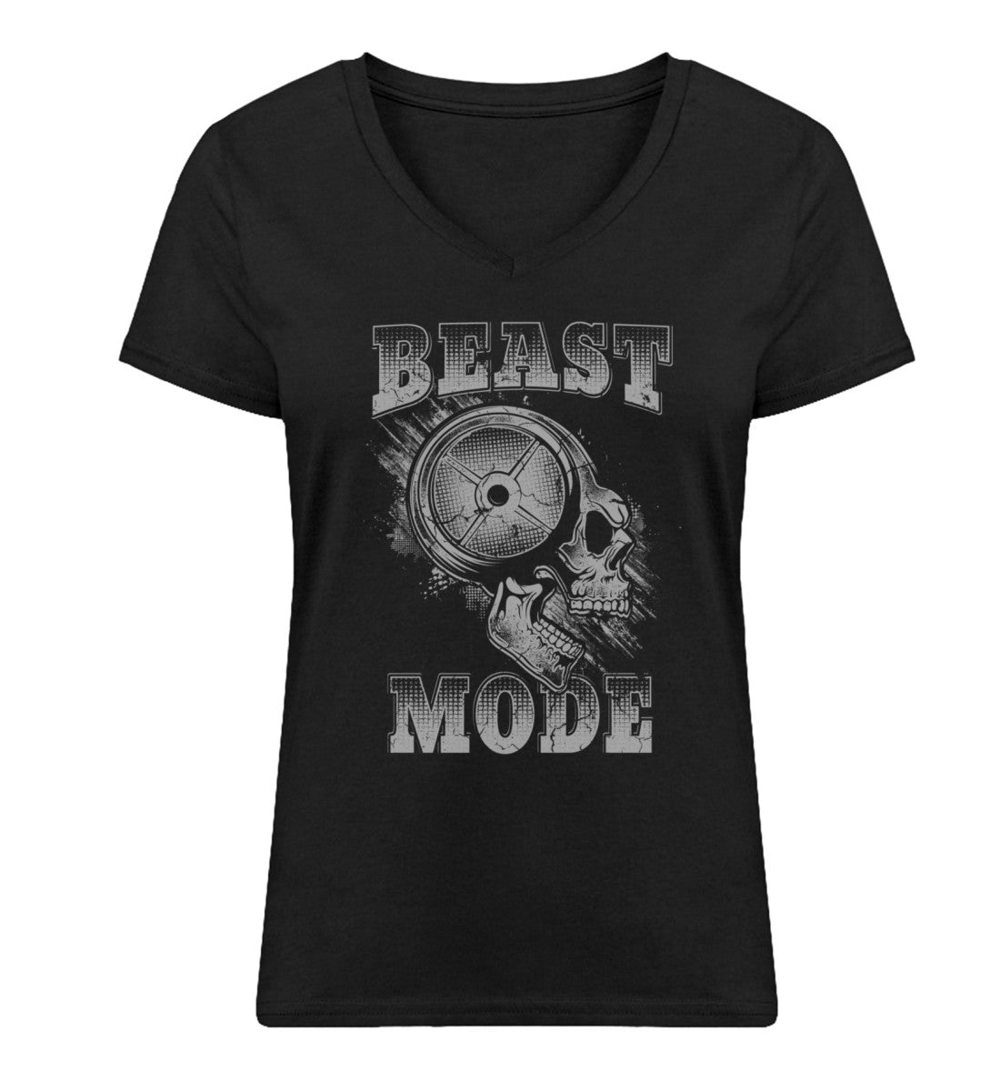 Organic Damen V-Neck T-Shirt "BEAST MODE - SKULL" Schwarz