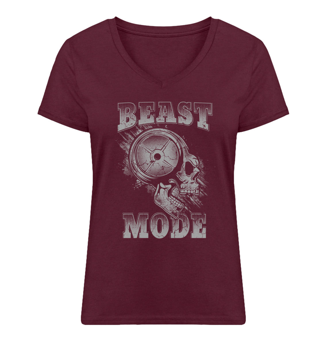 Organic Damen V-Neck T-Shirt "BEAST MODE - SKULL" Burgundy