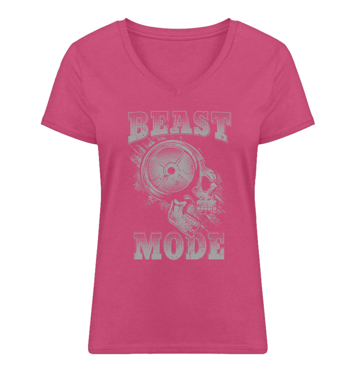 Organic Damen V-Neck T-Shirt "BEAST MODE - SKULL" Raspberry