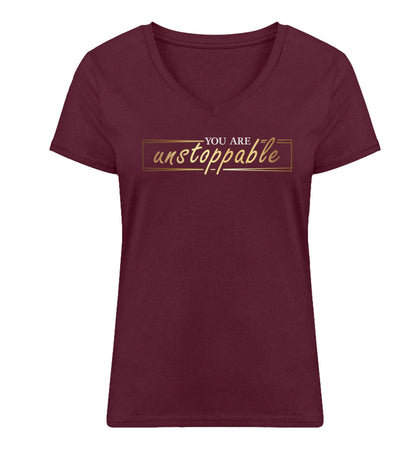 Organic V-Neck Damen T-Shirt "UNSTOPPABLE" Burgundy