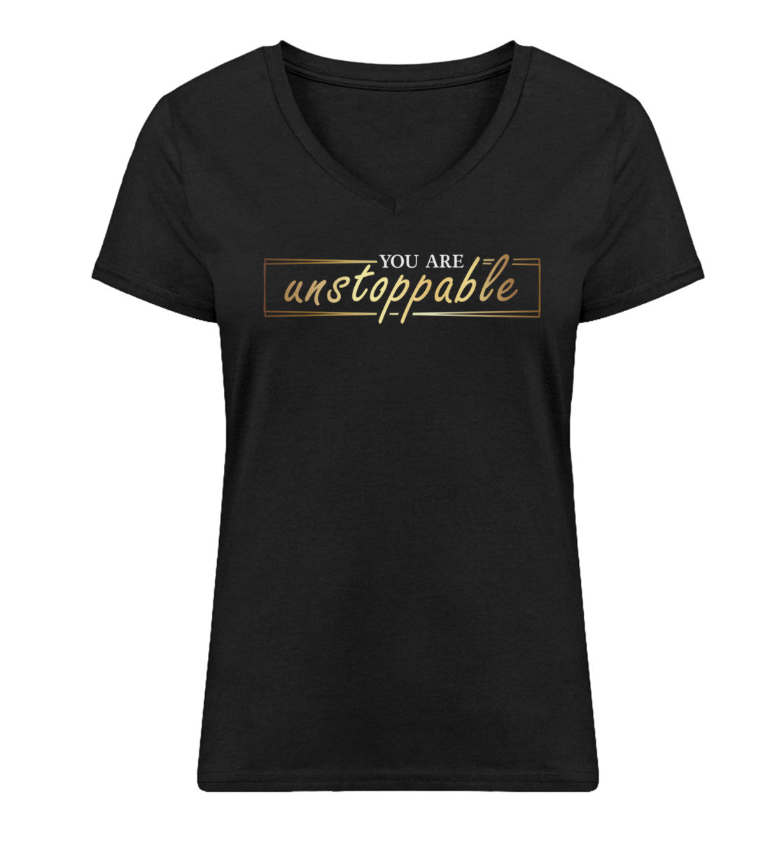 Organic V-Neck Damen T-Shirt "UNSTOPPABLE" Schwarz