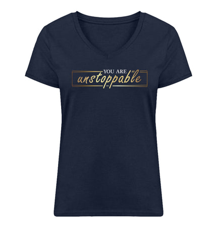 Organic V-Neck Damen T-Shirt "UNSTOPPABLE" French Navy