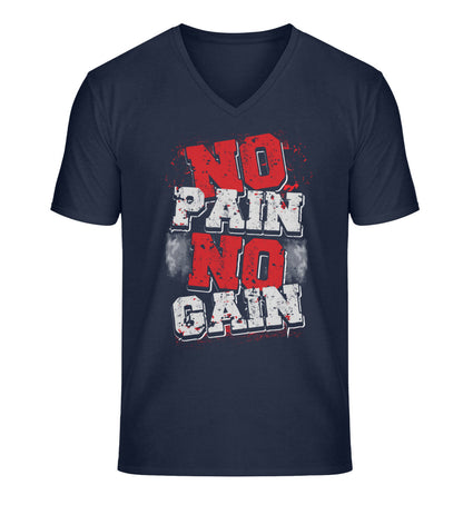 Organic Herren V-Neck T-Shirt "NO PAIN NO GAIN II" French Navy