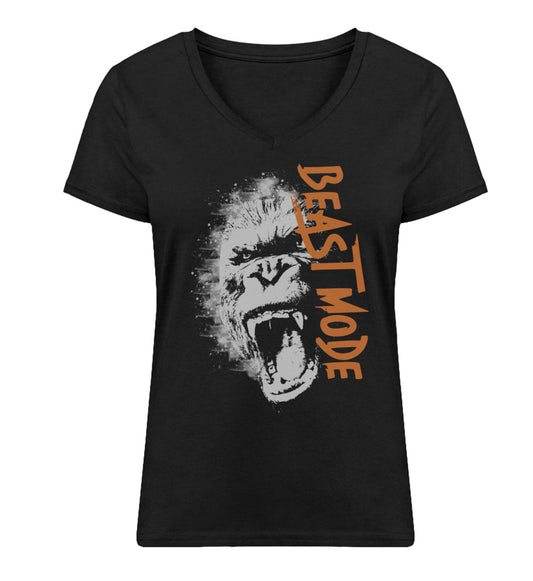 Organic Damen V-Neck T-Shirt "BEAST MODE - GORILLA" Schwarz