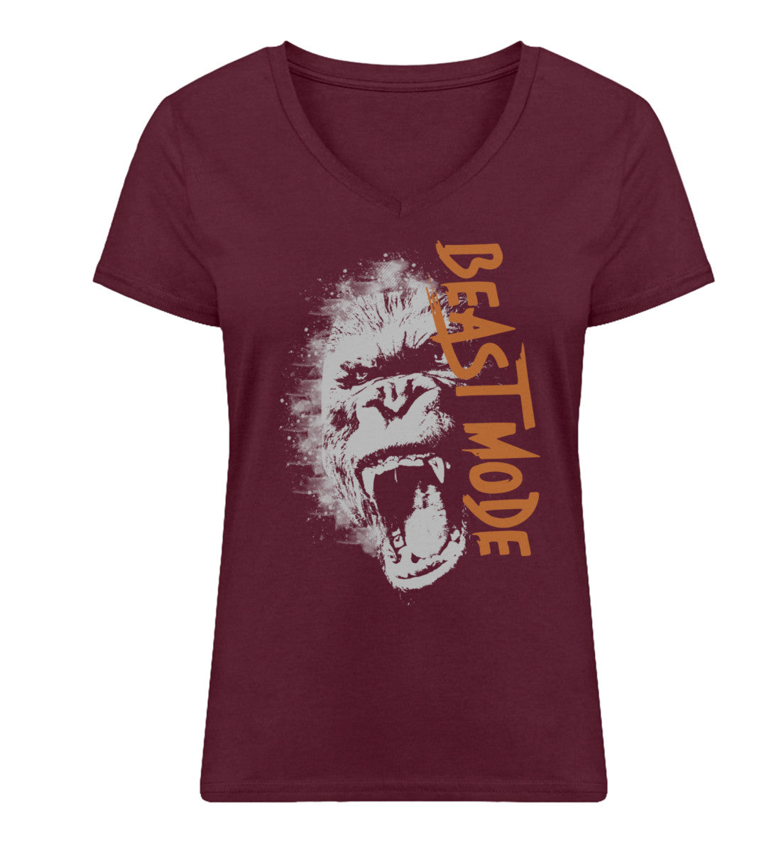 Organic Damen V-Neck T-Shirt "BEAST MODE - GORILLA" Burgundy