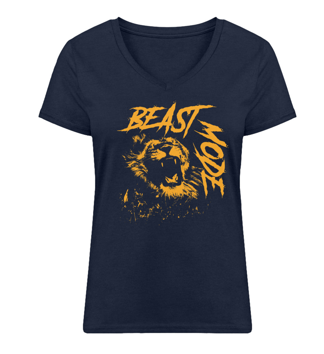 Organic Damen V-Neck T-Shirt "BEAST MODE - LION" French Navy