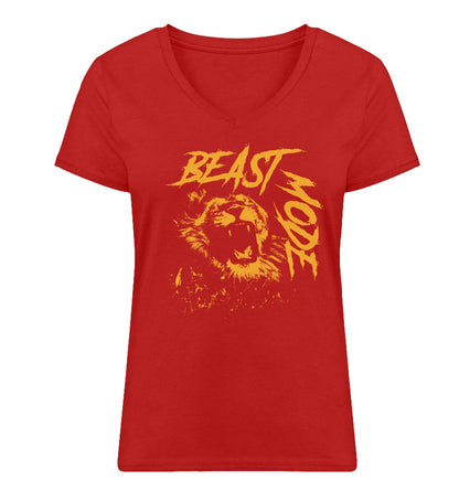 Organic Damen V-Neck T-Shirt "BEAST MODE - LION" Red