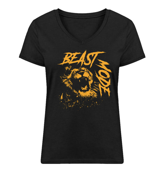 Organic Damen V-Neck T-Shirt "BEAST MODE - LION" Schwarz