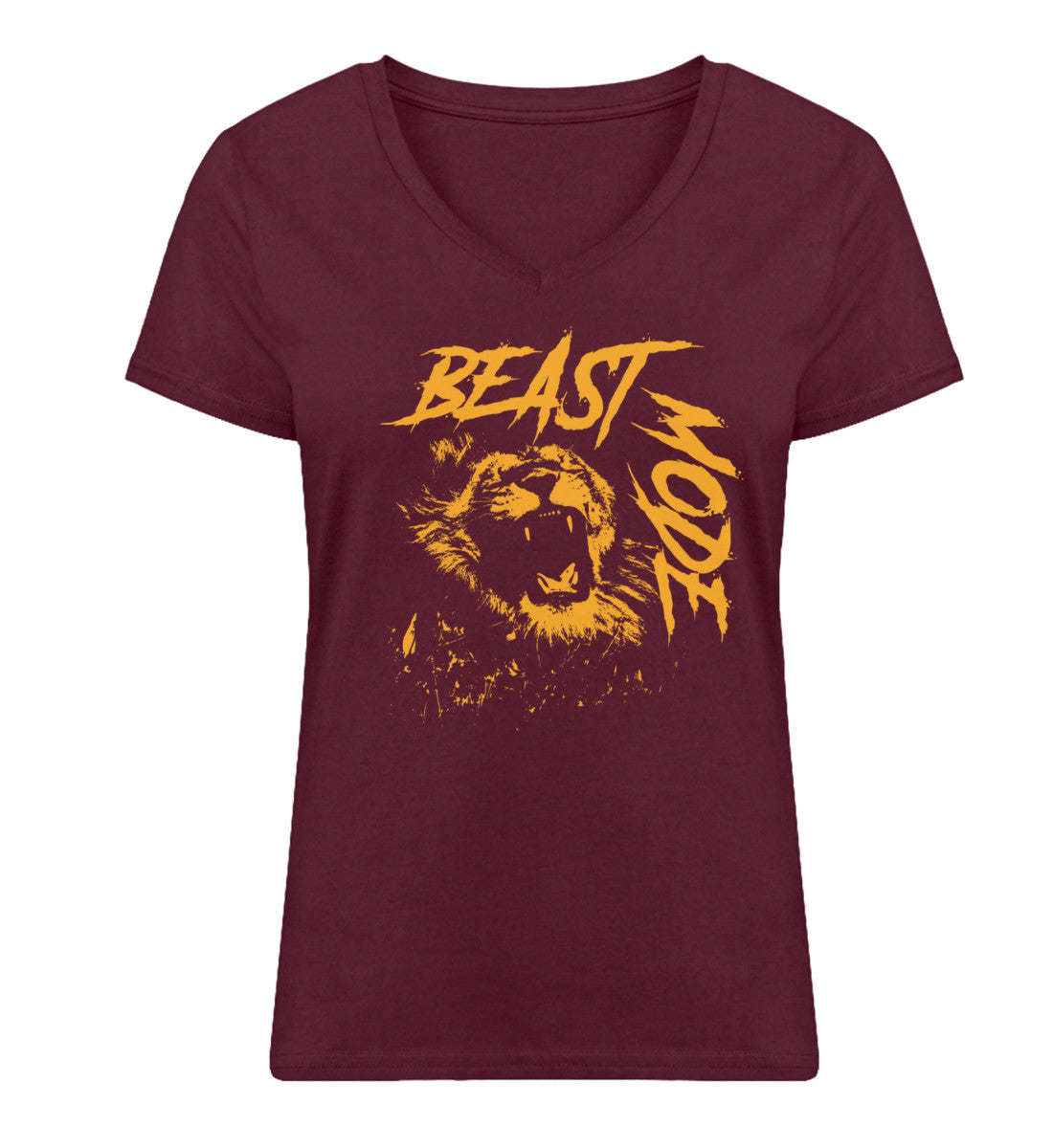 Organic Damen V-Neck T-Shirt "BEAST MODE - LION" Burgundy