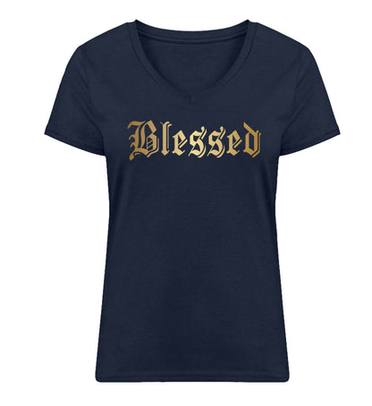 Organic Damen V-Neck T-Shirt "BLESSED" French Navy