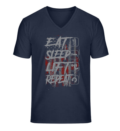 Organic Herren V-Neck T-Shirt "EAT SLEEP LIFT" French Navy