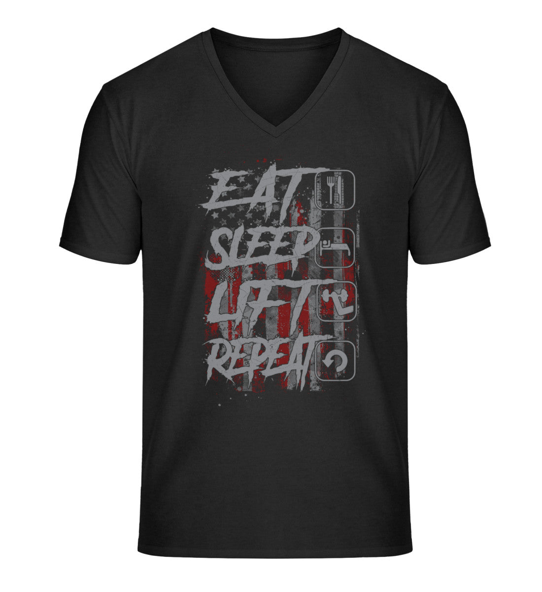 Organic Herren V-Neck T-Shirt "EAT SLEEP LIFT" Schwarz