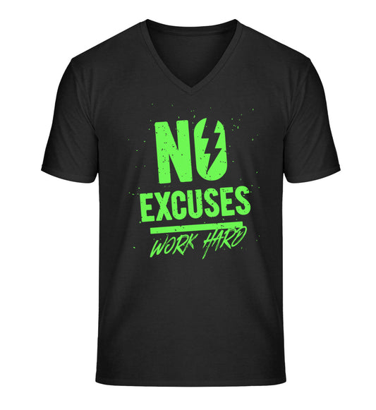Organic Herren V-Neck T-Shirt "NO EXCUSES" Schwarz
